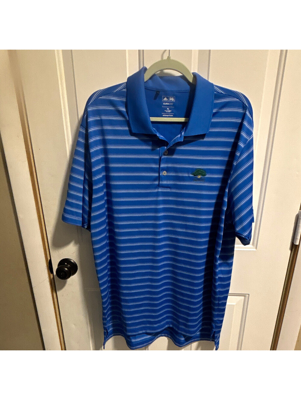 adidas Golf Climalite Men's XL Blue/White Striped Moisture Wicking Polo Logo